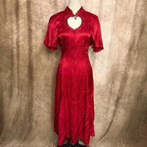 Vintage 80s Benson & Smith Floral Red Dress Heart Keyhole Neck Satin Whimsigoth